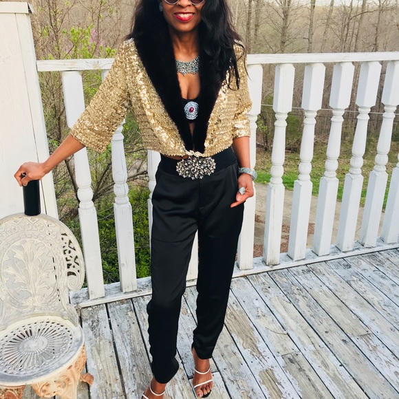 gold sequin IJ Fox sable brown mink fur jacket S-M - Picture 4 of 8